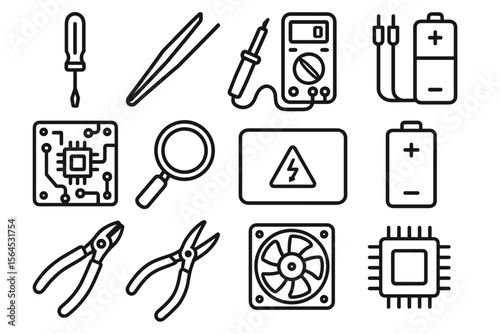 Electronics components icons: circuit board, multimeter, battery, tools, microchip