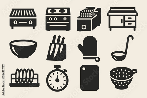 Kitchen appliance icons: grill, oven, fryer, cabinet, bowl, utensils, timer, cutting board