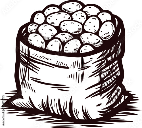Hand drawn burlap sack full of potatoes isolated on white background vintage engraving agricultural illustration