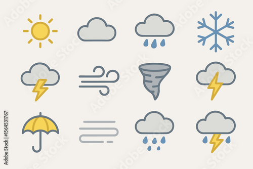 Weather icon set: sun, cloud, rain, snowflake, lightning, wind, tornado, umbrella