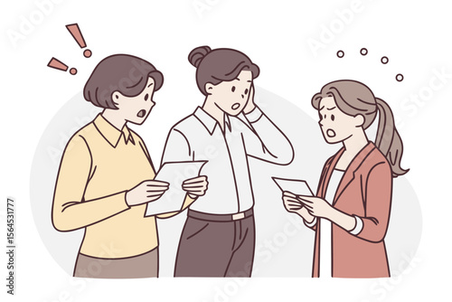 Three surprised women looking at documents with shocked expressions and exclamation marks indicating astonishment and concern