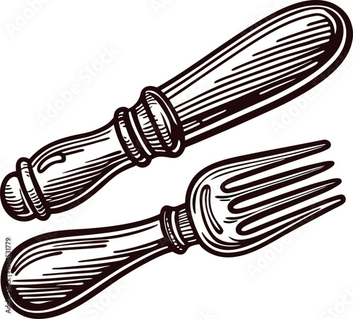 Hand drawn vintage fork and knife with wooden handles, engraved sketch illustration isolated on white background