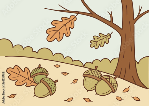 Acorn pile in autumn forest – vector illustration of fallen acorns among autumn leaves and trees