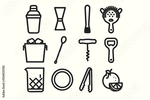 Essential bar tools vector icons set: shaker, jigger, muddler, strainer, and more