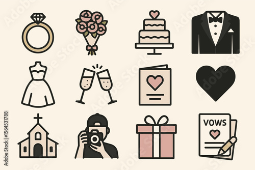 Wedding icons set: rings, cake, dress, tuxedo, photographer, church, gift, vows