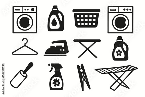 Laundry icons set: washing machine, detergent, ironing board, clothes hanger, spray bottle