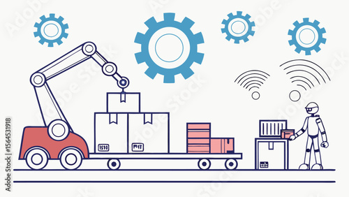 Automated robotics in smart manufacturing and logistics – vector illustration of industrial robots and automation system