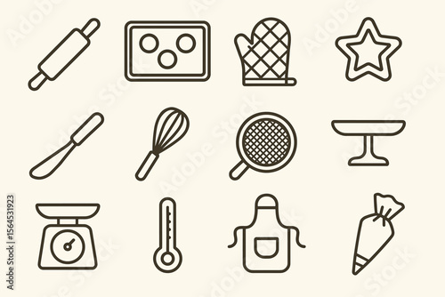 Outline icons of baking tools and utensils: rolling pin, baking tray, oven mitt, star shape