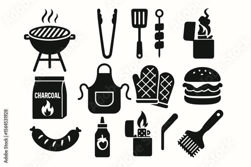 Barbecue tools and food icons set with grill and utensils