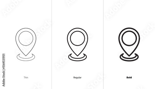 Route and navigation line icons. thin, regular and bold line icons. location pin with circle. map pointer, gps, direction