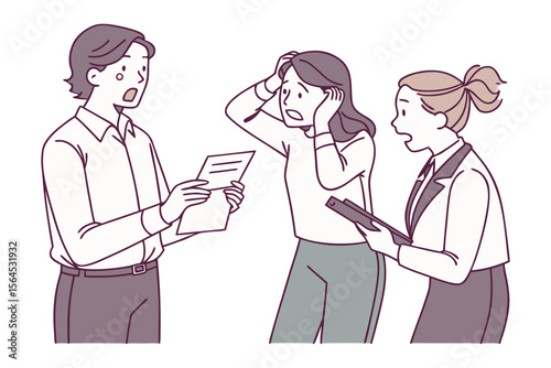 Three colleagues express shock and concern while reviewing documents and a tablet in a professional setting conveying a sense of crisis