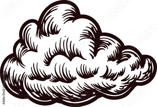 Detailed hand drawn vintage cloud illustration in black and white, engraved sketch for weather or nature concepts