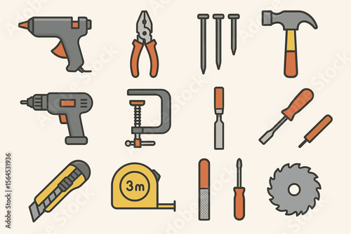 Hand tools collection: drill, hammer, saw blade, and more for diy projects