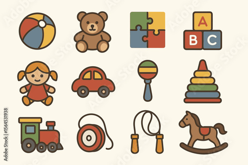 Colorful vintage children's toys collection with puzzle, blocks, and teddy bear