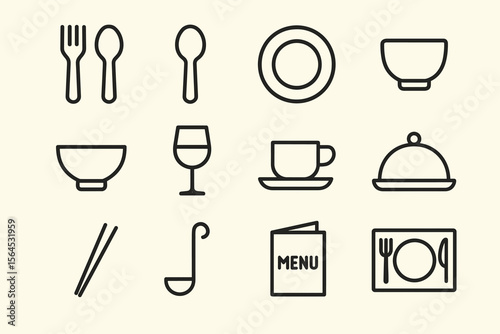 Minimalist dining icons: utensils, plate, bowl, glass, cup, menu, chopsticks