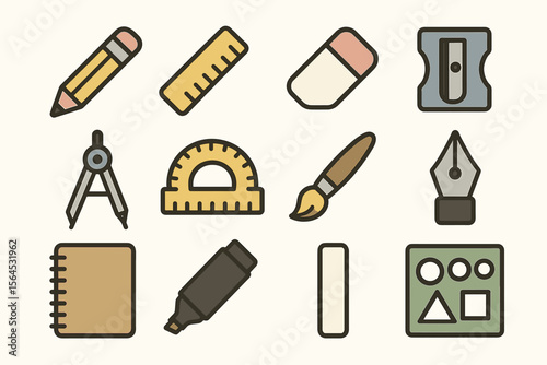 Art and drafting tools illustration featuring pencil, ruler, eraser, and more