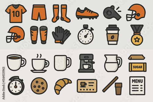 Set of stylized sports and coffee icons including equipment and drinks