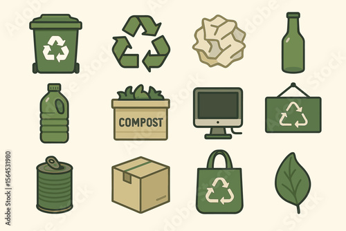 Recycling and compost icons: eco-friendly waste management symbols