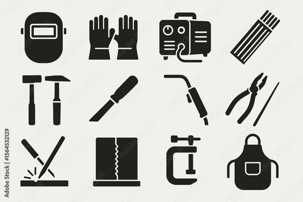 Welding tools and equipment icons set for industrial work Welding tools and equipment icons set for industrial work