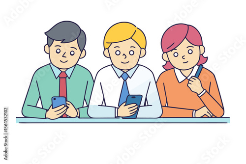 Three diverse colleagues focused on their smartphones during a meeting or work session