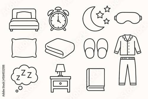 Bedtime icons: sleepwear, blanket, alarm clock, pillow, dreams, nightwear, nightstand, lamp