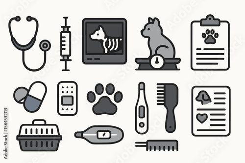 Veterinary icons: medical equipment, pets, pills, thermometer, scale