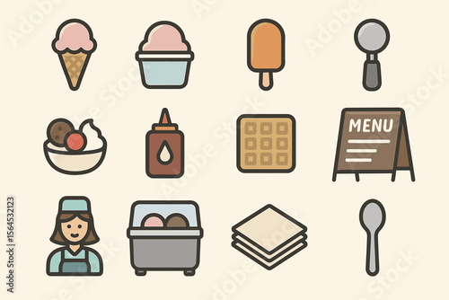 Ice cream shop elements: cone, cup, popsicle, waffle, syrup, menu, and utensils