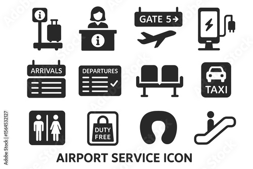 Airport service icons: arrivals, departures, taxi, duty free, gate information