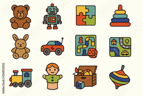 Colorful collection of classic and modern children's toys and puzzles