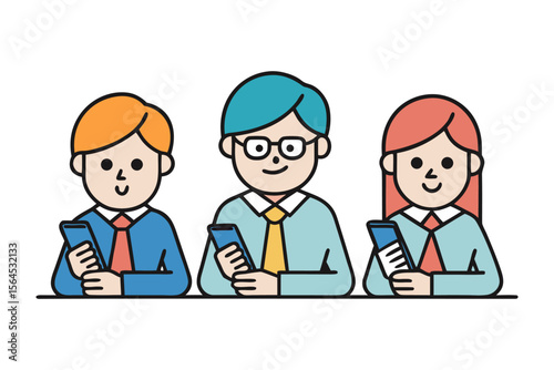 Three diverse cartoon business people in professional attire are sitting at a table each engrossed in their smartphones highlighting modern communication