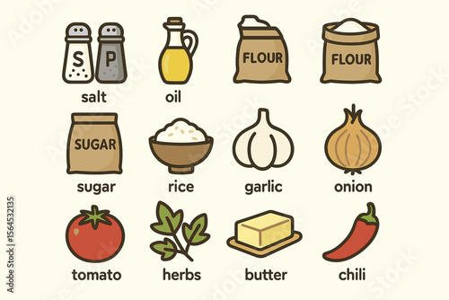 Essential kitchen ingredients: salt, oil, flour, sugar, rice, garlic, onion, tomato, herbs, butter, chili