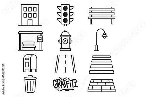 Urban elements line art: buildings, traffic signals, and street features