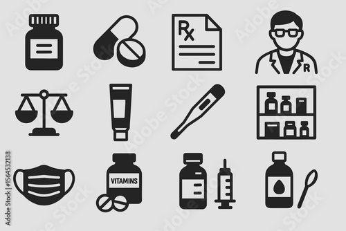 Medical icons: prescription, medicine, doctor, vitamins, mask, scale, thermometer, syringe