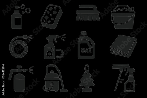 Car cleaning tools collection: soap, sponge, brush, bucket, wax, vacuum, spray, towel icons