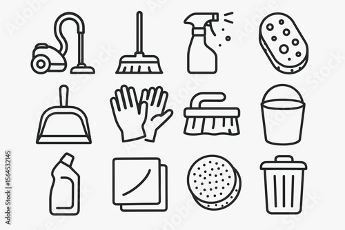 House cleaning icons: vacuum, mop, spray bottle, gloves, sponge, bucket, broom, dustpan