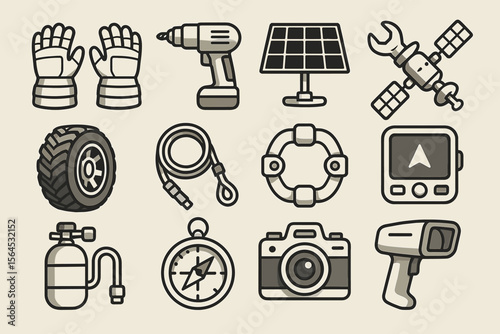 Adventure equipment icons: tools, gear, and gadgets for exploration and safety