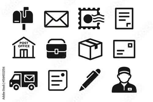 Postal service icons: mailbox, envelope, package, post office, delivery truck, mailman