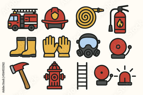 Firefighting equipment icons set: truck, helmet, hose, extinguisher, boots, gloves, mask, alarm