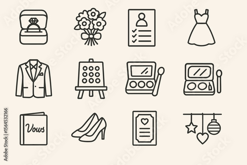 Wedding planning icons collection: dress, suit, makeup, flowers, vows, invitation