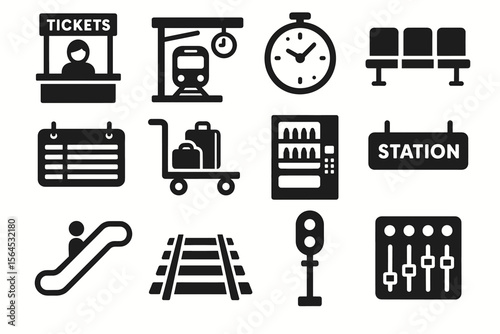 Public transportation icons: tickets, train, clock, luggage, vending machine, station, seating, escalator, tracks, signal