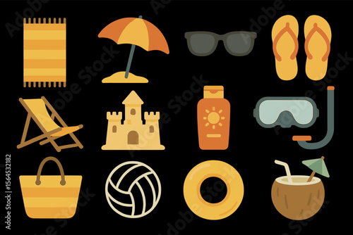 Summer beach essentials: umbrella, sandcastle, sunglasses, snorkel, volleyball icons