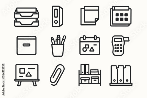 Office supplies icons set: binders, calendars, clipboards, stationery, organizers