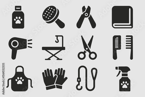 Pet grooming tools collection: shampoo, brush, clippers, scissors, dryer, leash icons