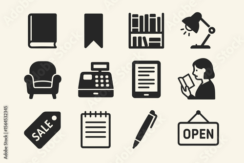 Library and bookstore icons: books, reading, and retail elements