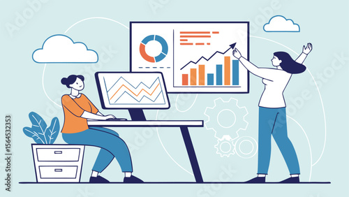 Collaborative business data analysis – flat vector illustration with pie charts, line graphs, and performance dashboards