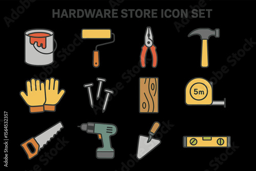 Hardware store icon set with tools and equipment on black background