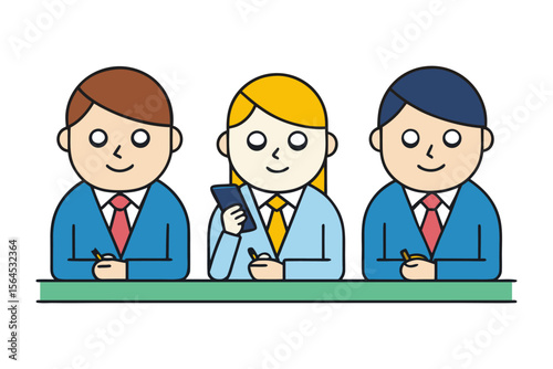Three cartoon business professionals two men and one woman sitting at a desk with a phone and notepad engaged in work activities