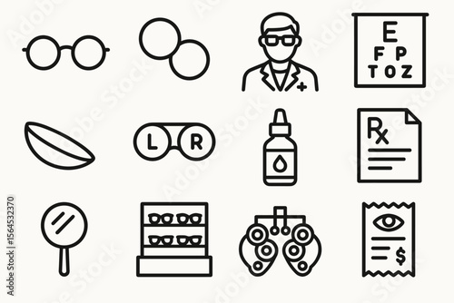 Vision and eye care icons: glasses, eye chart, doctor, and more