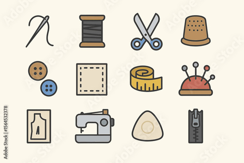 Sewing tools and accessories: needles, scissors, thimble, buttons, and more icons