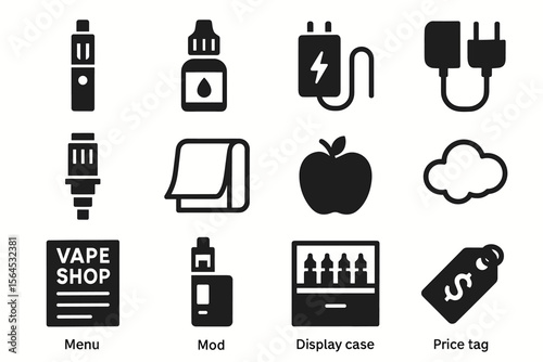 Vape icons set: devices, accessories, and symbols for e-cigarette enthusiasts